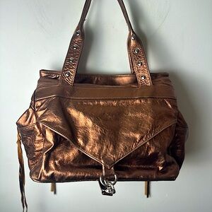 BOTKIER Bronze Metallic “Trigger” Leather Shoulder Gold Hardware Satchel Handbag